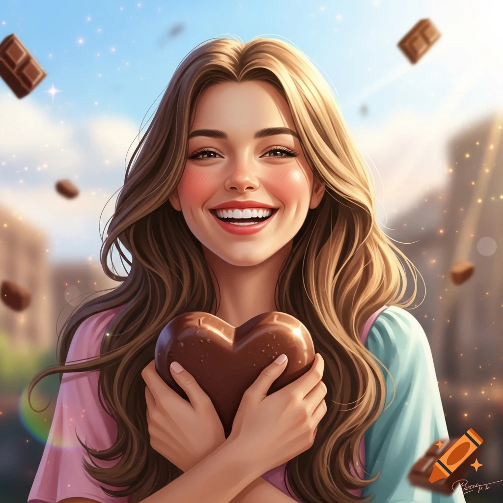 A joyful young woman with long brown hair smiles brightly, holding a large heart-shaped chocolate, with floating chocolate pieces in a sunny hyper-realistic illustration.