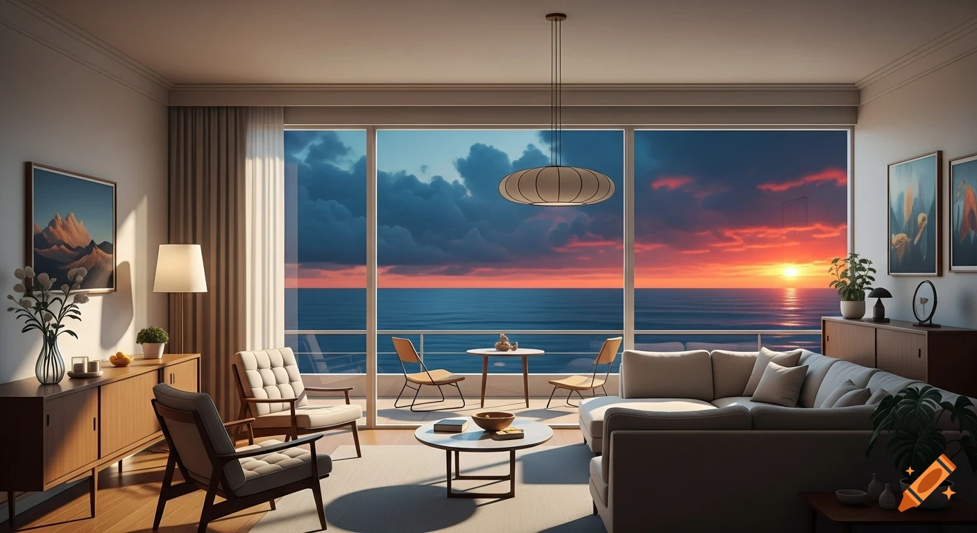 Mid-century modern living room with a panoramic window overlooking the ocean at sunset with a red sky and blue clouds.