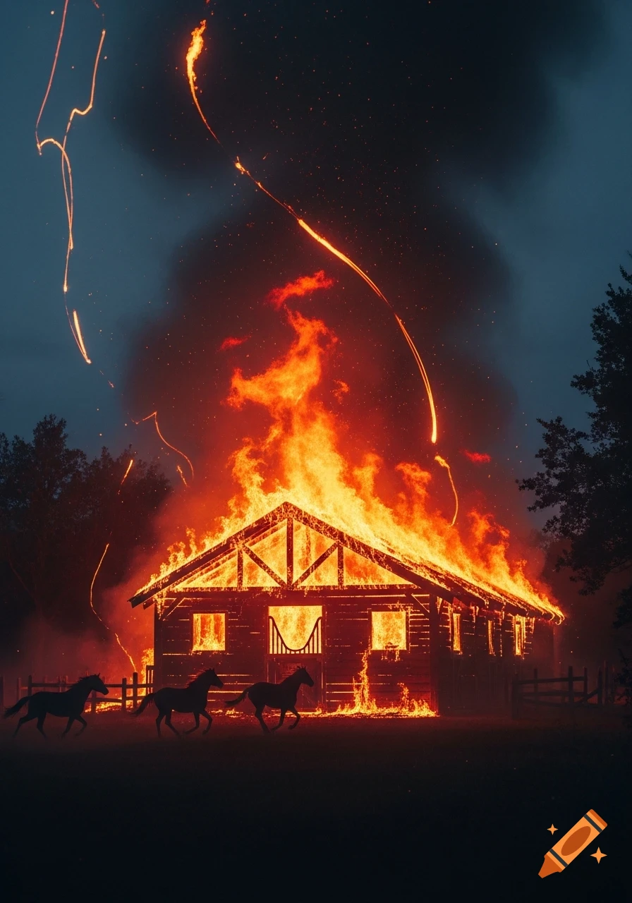 A photorealistic image of a wooden stable engulfed in flames at night, with three silhouetted horses running away in the foreground.