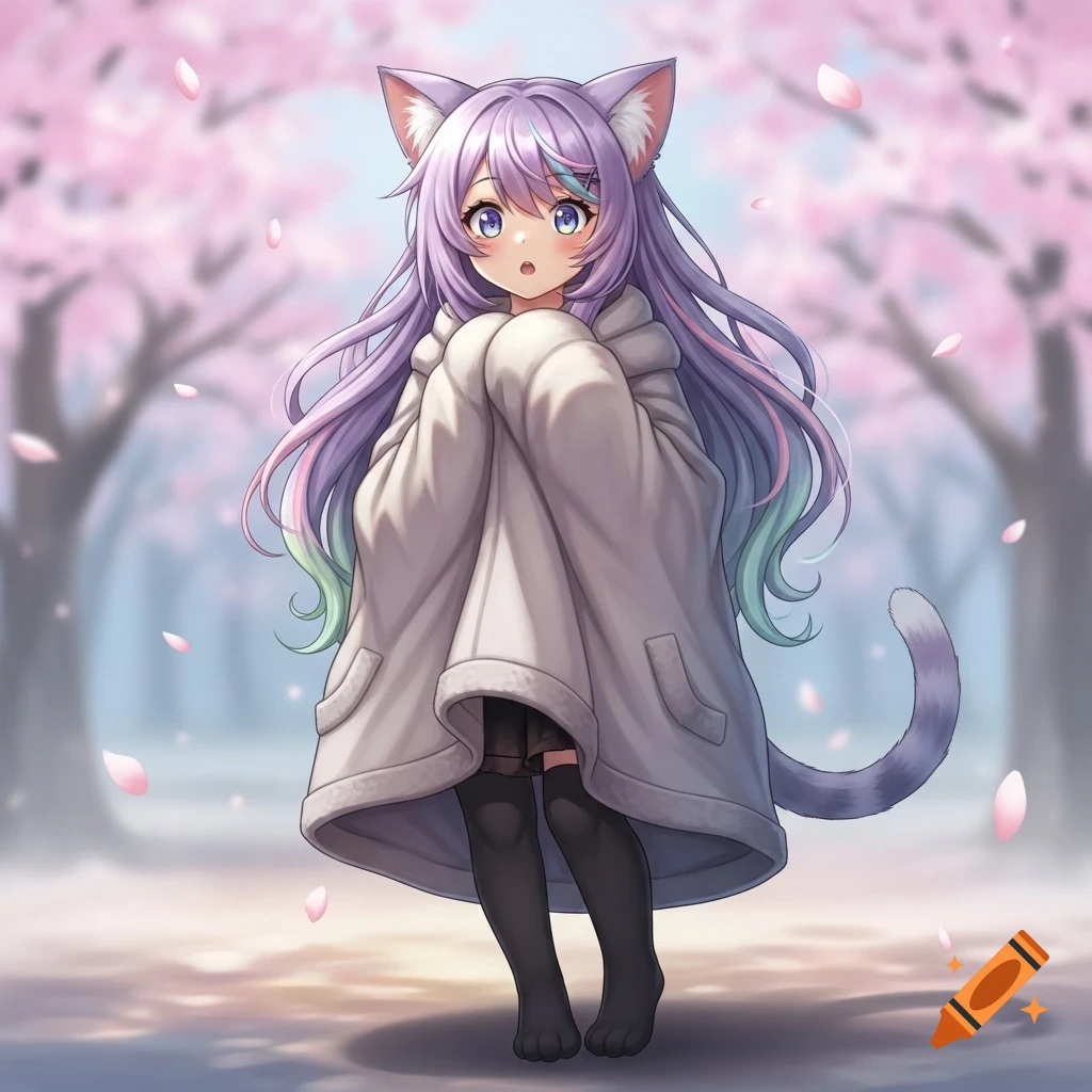 A surprised anime catgirl with pastel purple hair, ears, and tail, wearing a baggy white coat and black socks, stands under cherry blossom trees.
