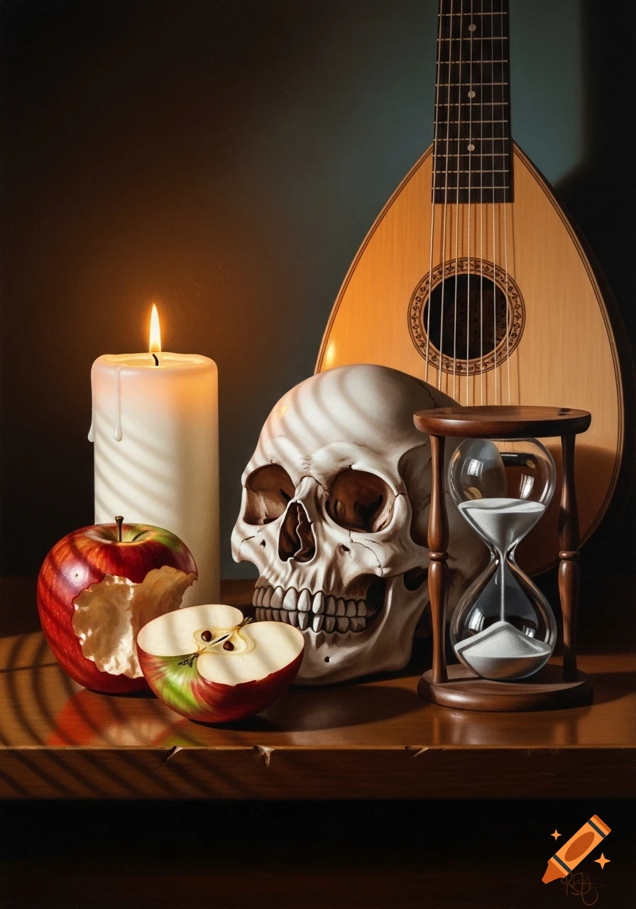 A dark still life with a lit candle, a bitten red apple, a skull, an hourglass, and a lute on a wooden table.