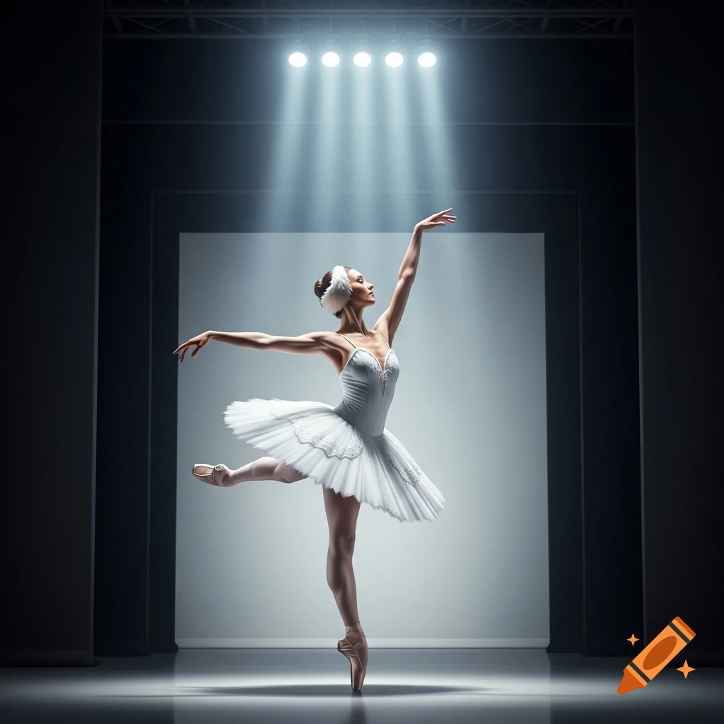 A photorealistic image of an elegant ballerina in a white tutu dancing en pointe on a dimly lit stage under bright spotlights.
