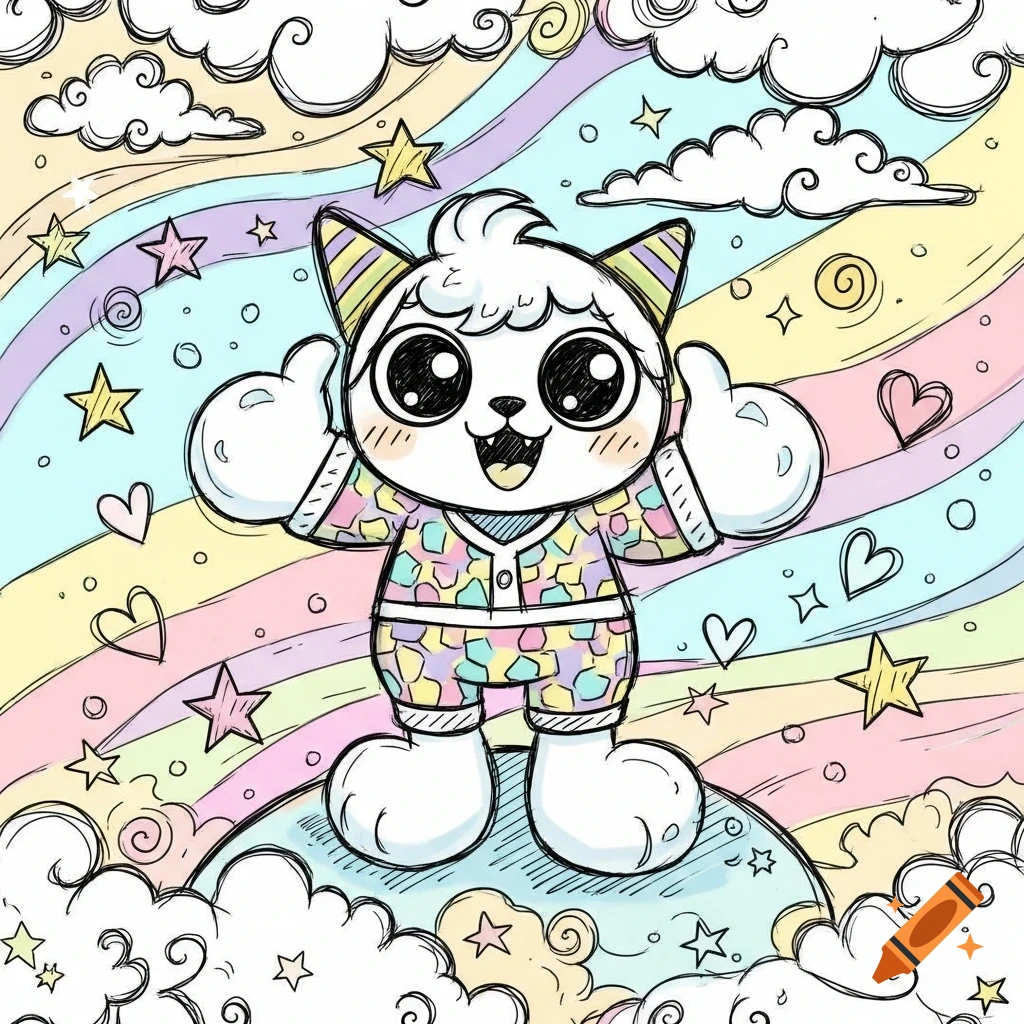 A happy, big-eyed, white cartoon creature in pastel pajamas gives two thumbs up amidst a sketchy rainbow, clouds, stars, and hearts.