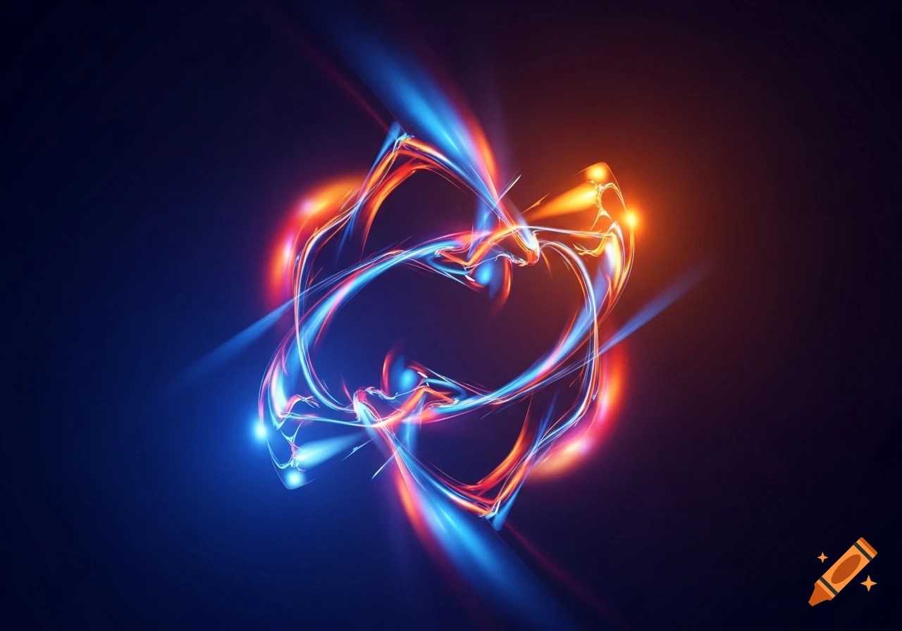 A vibrant abstract form of swirling blue and orange light trails glows against a dark background.