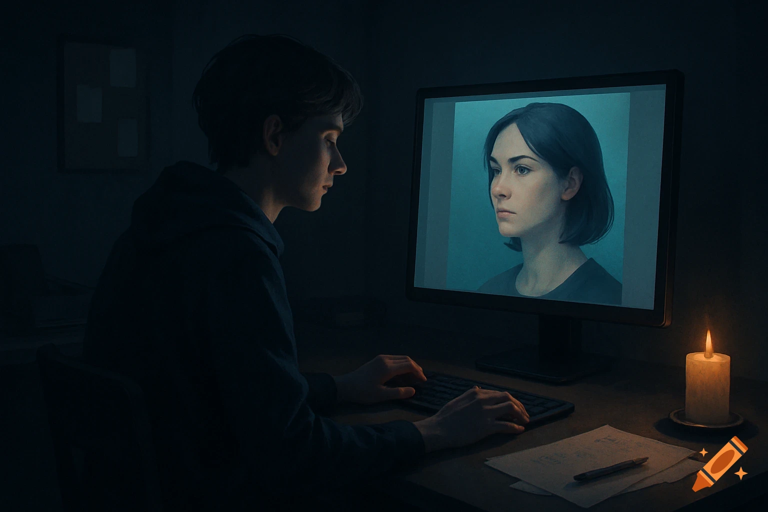 A person sits in a dimly lit room, illuminated by a computer screen showing a woman's portrait and a nearby candle.