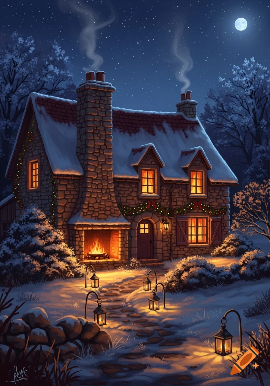 A cozy, snow-covered stone cottage at night, lit by warm window light and outdoor lanterns, with smoke rising from chimneys.