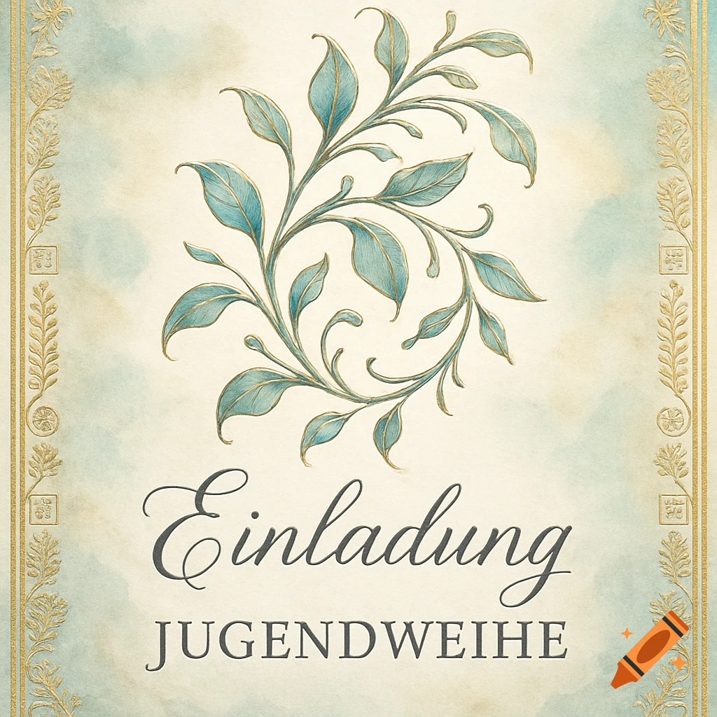 A decorative invitation card with a teal leafy branch and gold borders, featuring the text "Einladung JUGENDWEIHE".