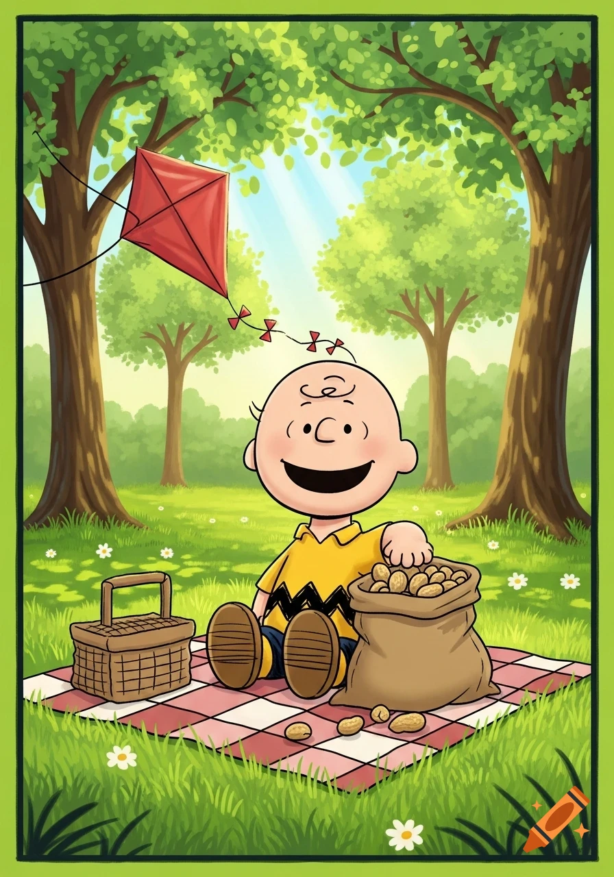 Charlie Brown smiles on a picnic blanket in a sunny park, reaching for peanuts, with a red kite flying overhead.