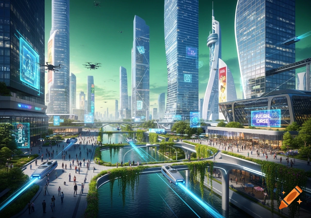 A vibrant, photorealistic futuristic city with towering skyscrapers, drones, flying vehicles, and canals with glowing tracks.
