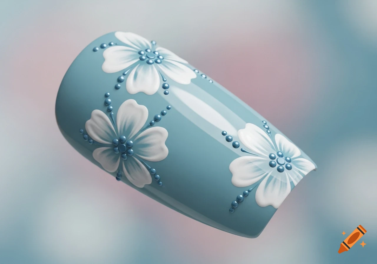 Close-up of a light blue artificial nail adorned with white floral designs and small blue beaded dots.