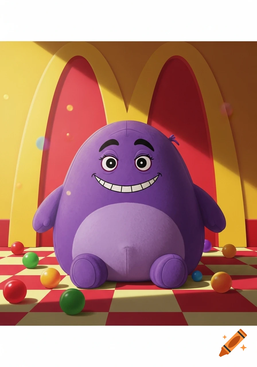 A smiling purple Grimace plush toy sits on a red and white checkered floor with colorful balls, in front of McDonald's golden arches.