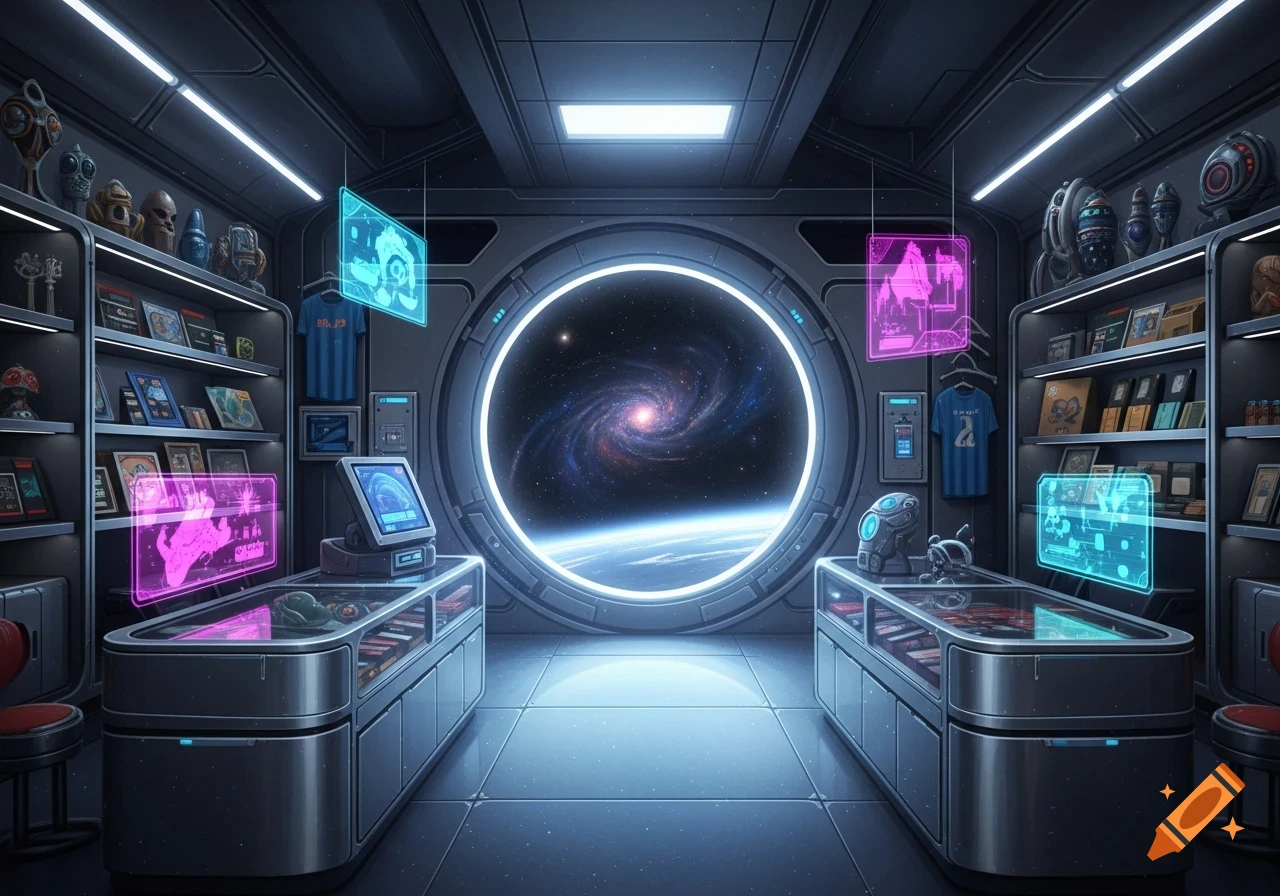 An interior view of a futuristic store on a spaceship with a large circular window looking out into a galaxy.