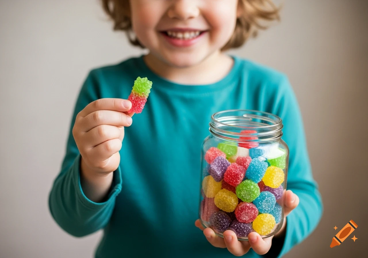 A smiling child in a teal shirt holds a green and red rock candy in one hand and a jar of colorful rock candies in the other.