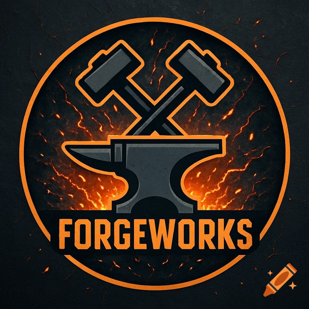 A circular emblem-style logo for ForgeWorks featuring an anvil, crossed hammers, fiery orange glow, and sparks.