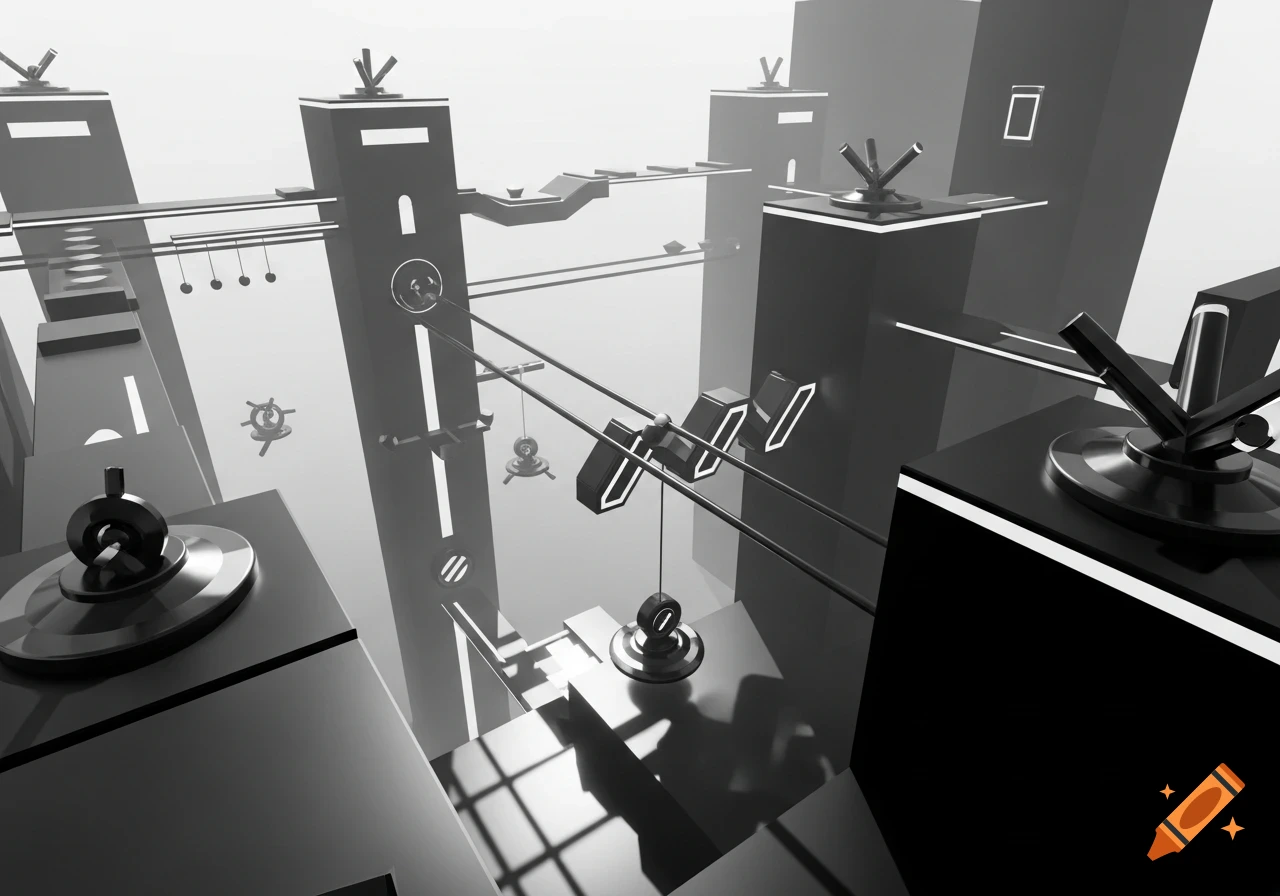 A black and white abstract obstacle course with floating platforms, towers, and geometric shapes in a minimalist style.