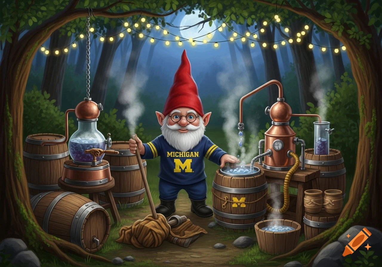 A cheerful gnome in a University of Michigan uniform distills moonshine in a magical, lamp-lit forest at night.