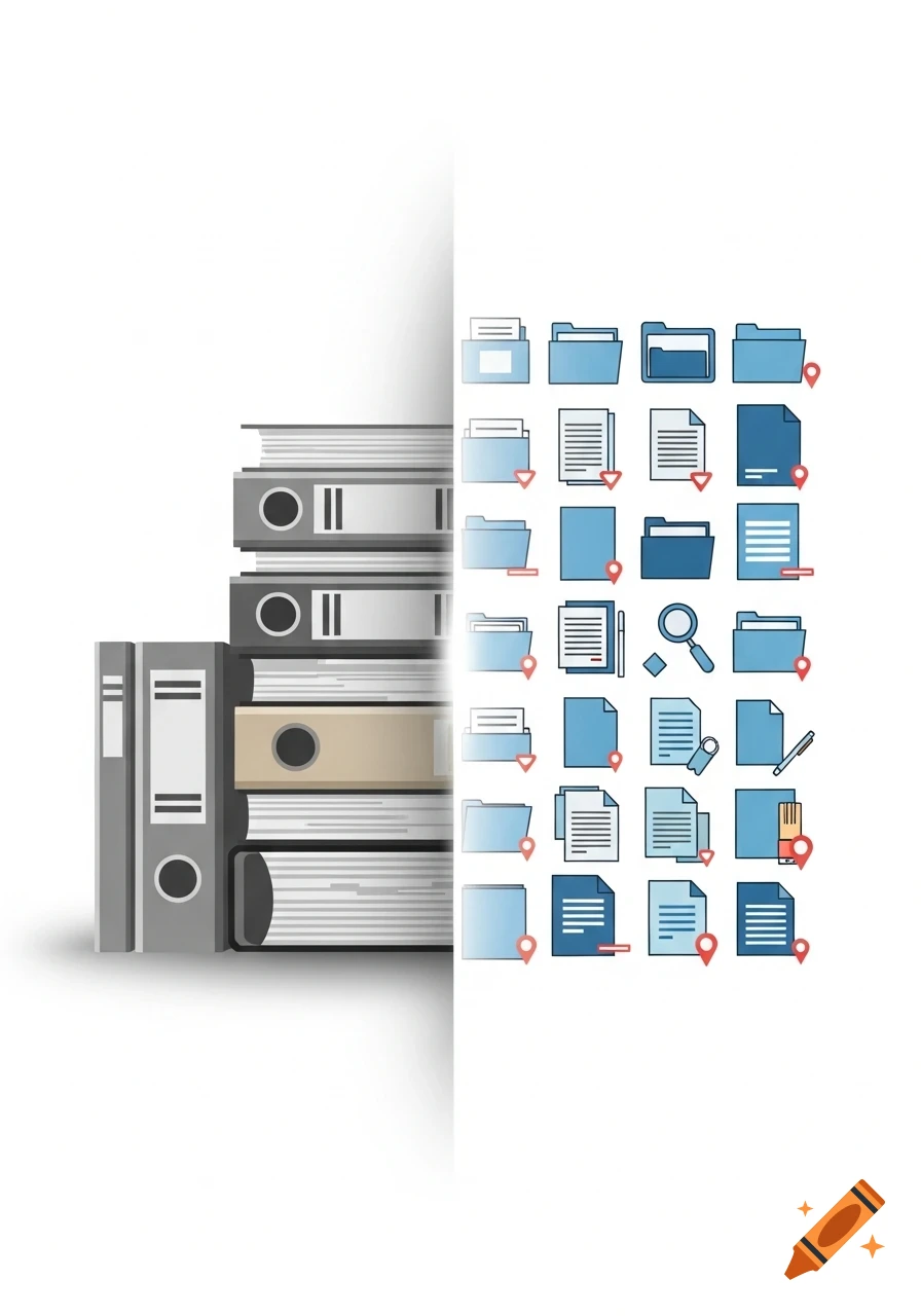 Flat vector illustration showing a stack of grey and beige binders on the left and a grid of blue document and folder icons on the right.