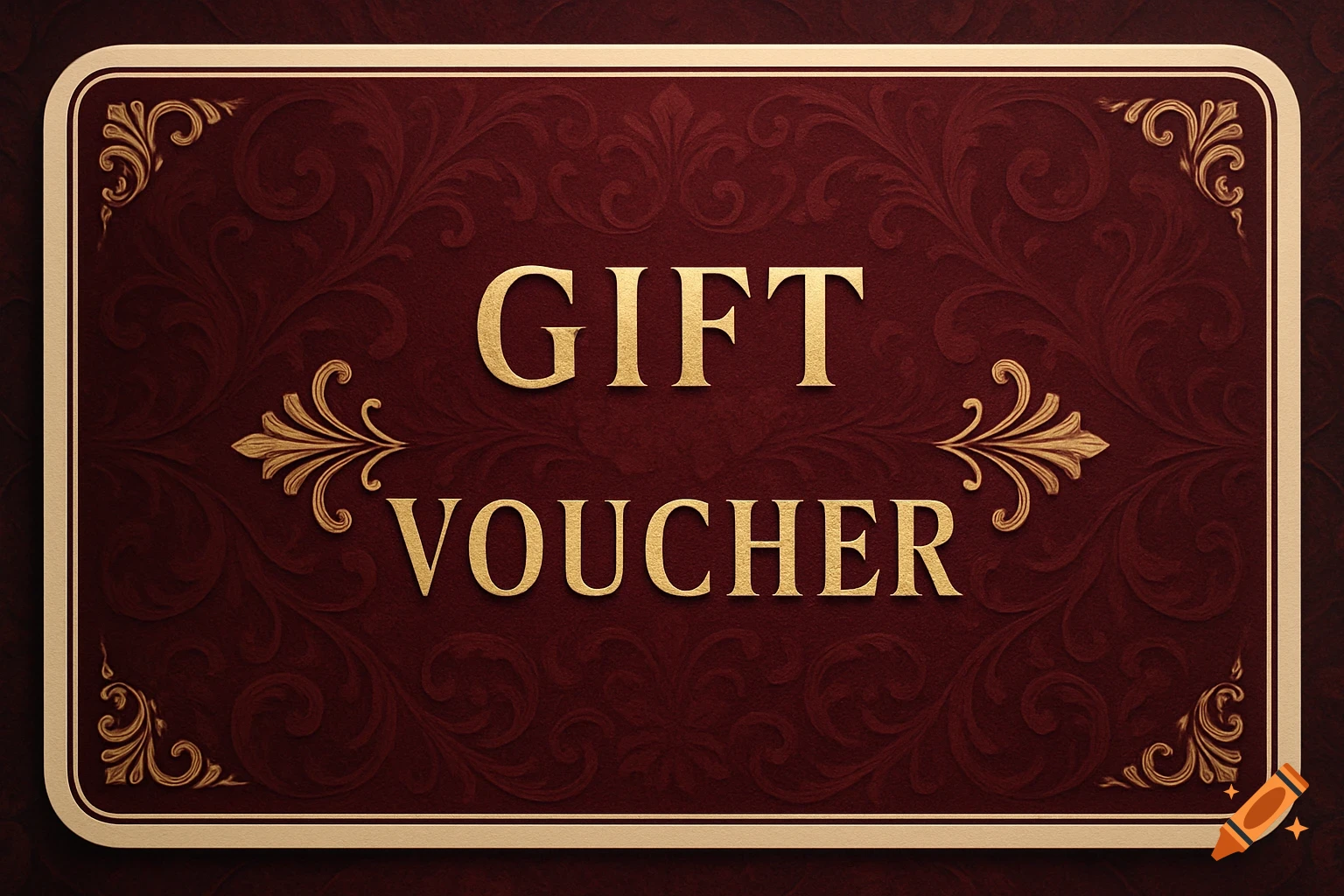 A luxurious dark red gift voucher with golden ornate borders and a subtle damask pattern. The words "GIFT VOUCHER" are written in embossed gold lettering.