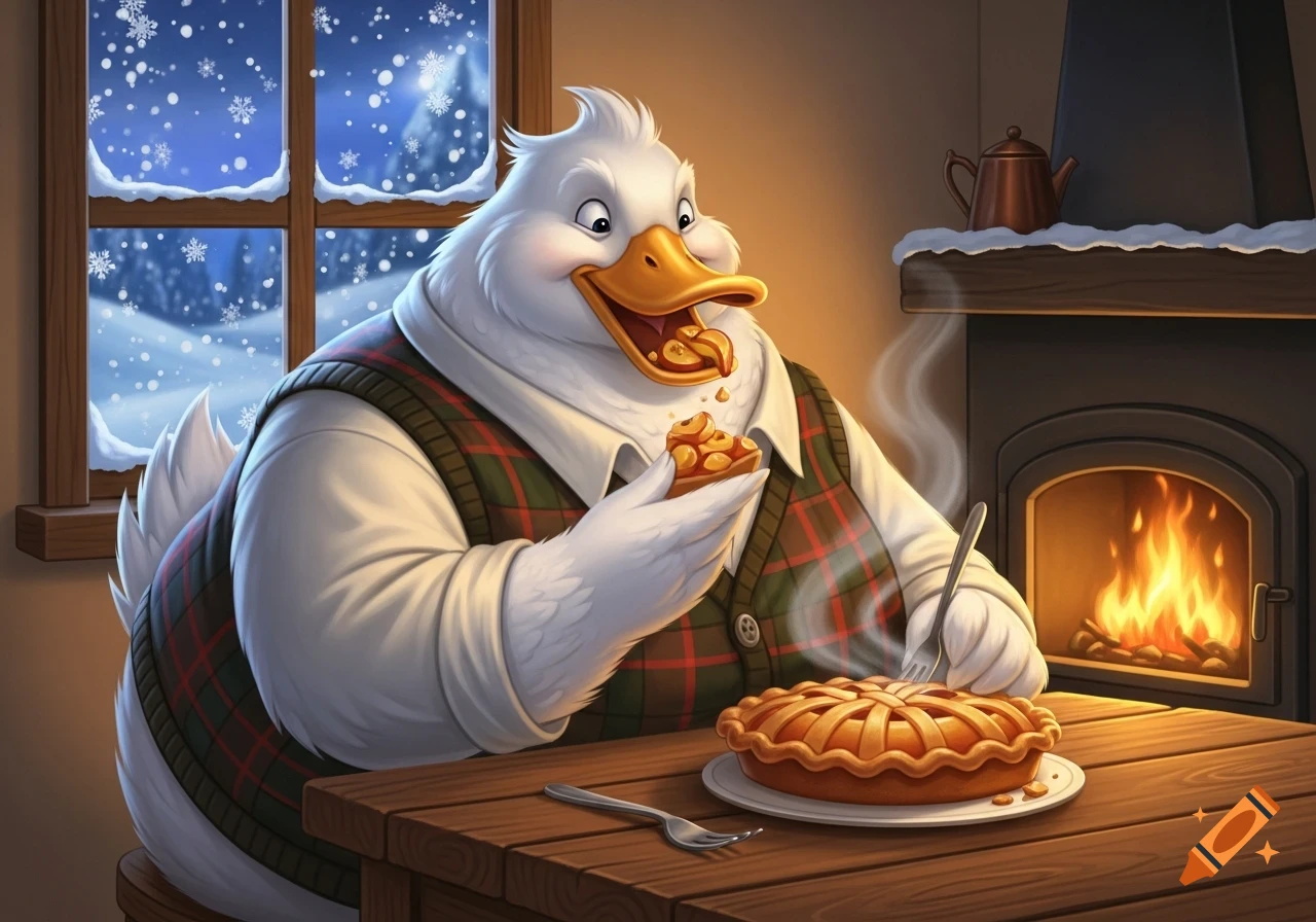 A cartoon obese duck in a plaid vest happily eats pie at a wooden table by a fireplace, with snow falling outside a window.