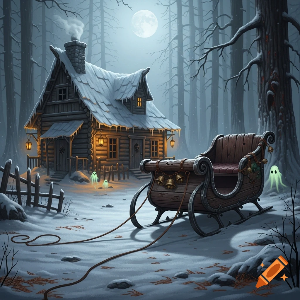 A snowy log cabin with glowing lanterns, a decorated wooden sleigh, and small ghosts in a winter forest under a full moon.