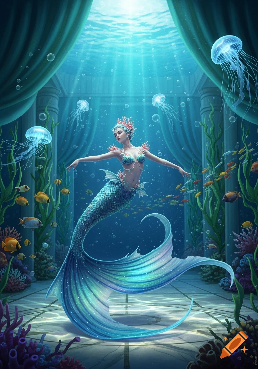 A beautiful mermaid with a blue and green scaled tail and coral crown dances in an underwater scene with ancient pillars, fish, and glowing jellyfish.