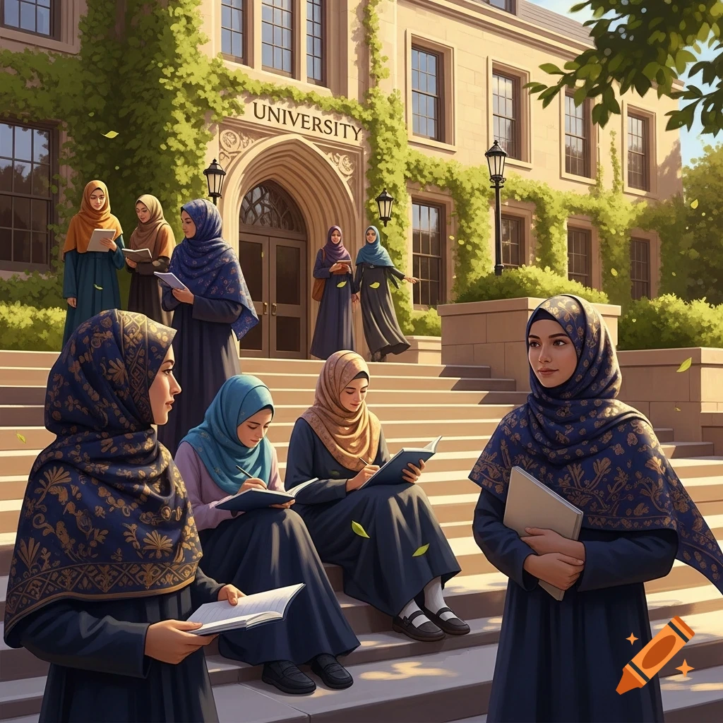 Muslim women in hijabs are gathered on the steps of a grand university building, some studying with books.