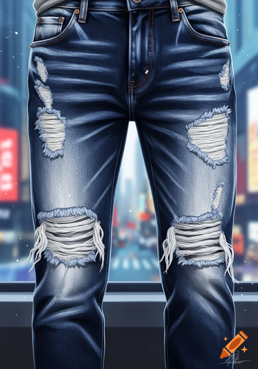 Detailed illustration of dark blue ripped jeans with white frayed ...
