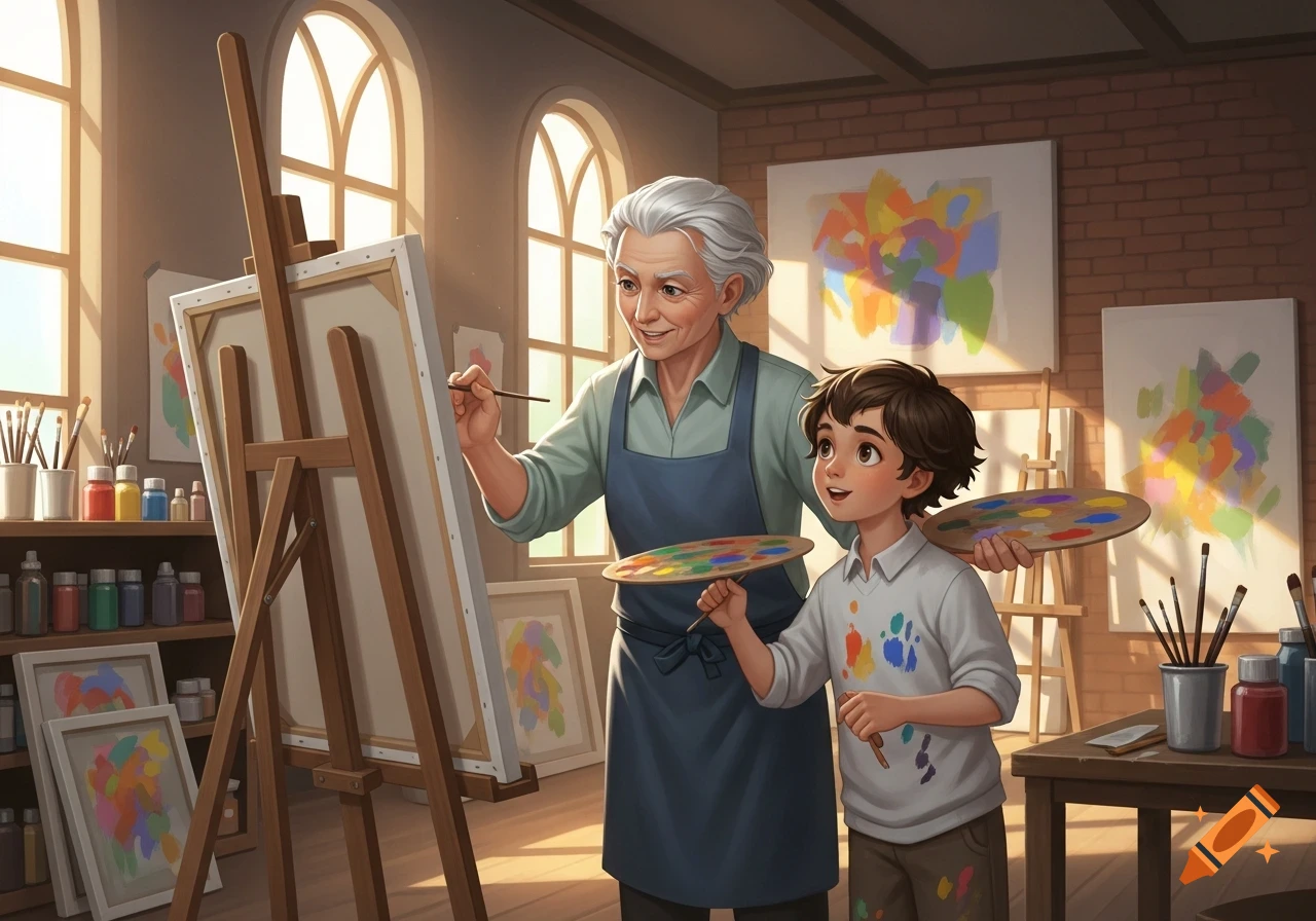 A senior artist guides a young boy painting on a canvas in a bright art studio, holding palettes, in a digital illustration.