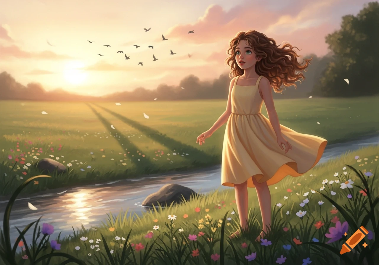 Illustrated girl in a yellow dress standing by a river in a vibrant, flower-filled field at sunset with birds flying.