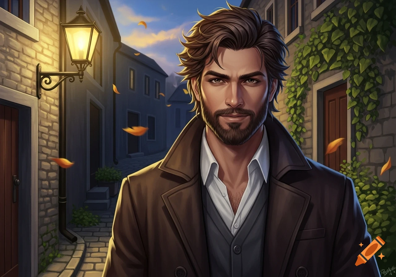 A digitally painted man with brown hair and a beard, wearing a coat and white shirt, stands on an old cobblestone street with a lit lantern and falling autumn leaves.