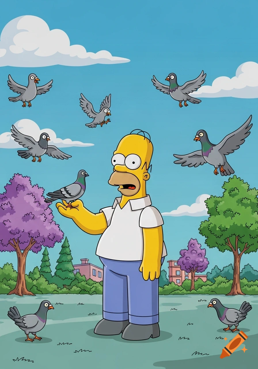 Homer Simpson holds a pigeon in his hand while other pigeons fly around him in a cartoon park setting.