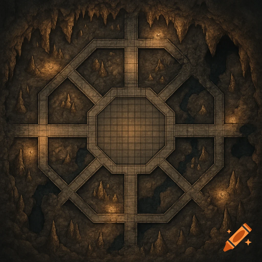 A top-down fantasy map of an octagonal underground lair with stalactites, stalagmites, and glowing lights.