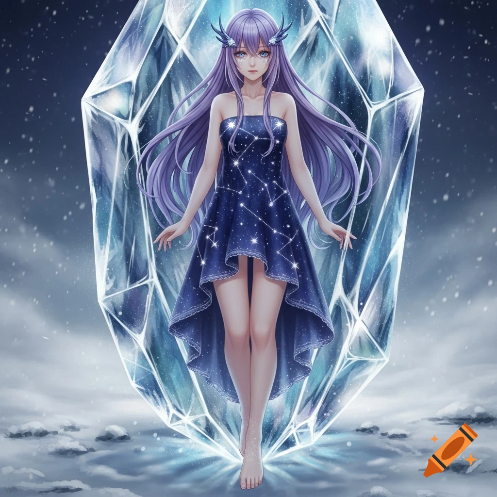 Anime woman with long purple hair, a starry blue dress, and blue horns stands barefoot in front of a giant ice crystal in a snowy setting.