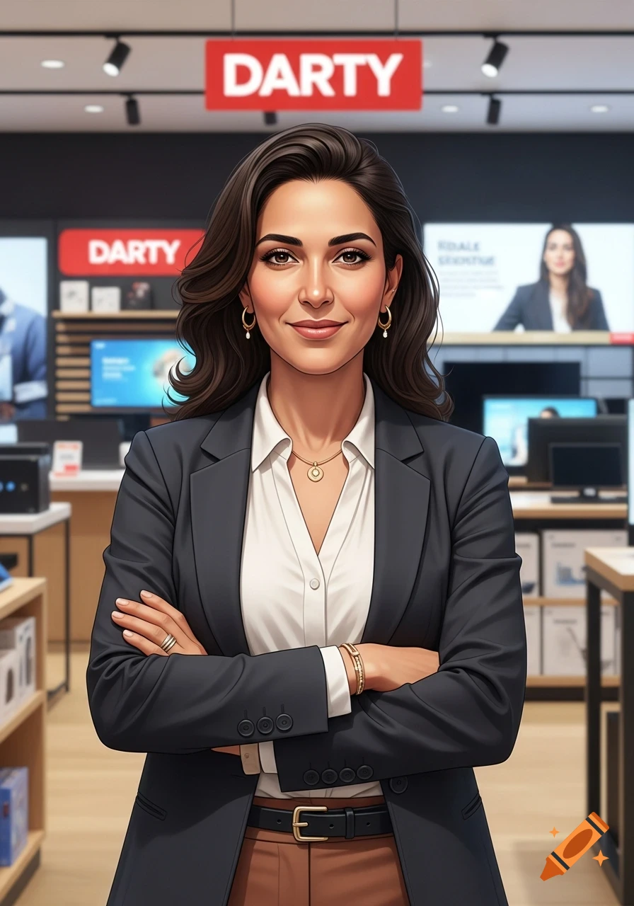 Smiling woman in business attire standing with arms crossed in an electronics store with 'DARTY' signs.