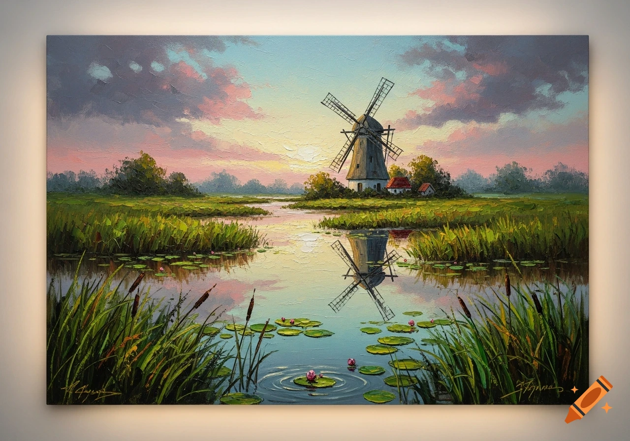 Oil painting of a classic Dutch windmill in a marsh landscape with lily pads under a colorful sunset sky.