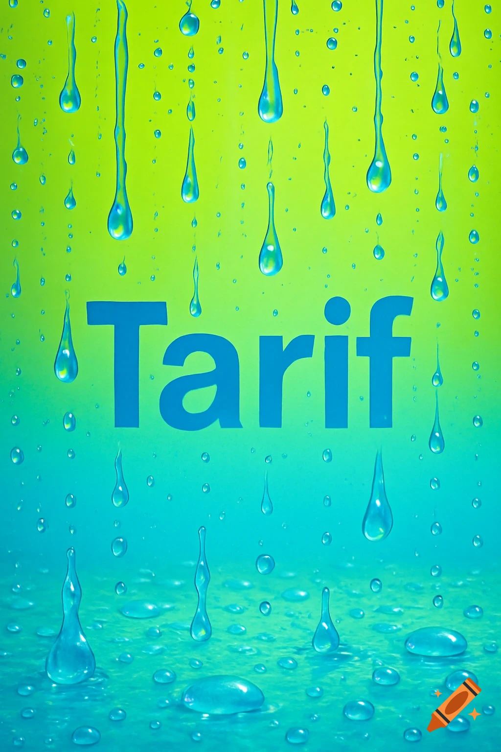 Blue text 'Tarif' on a green and blue gradient background with numerous water droplets, some dripping, some collected at the bottom.