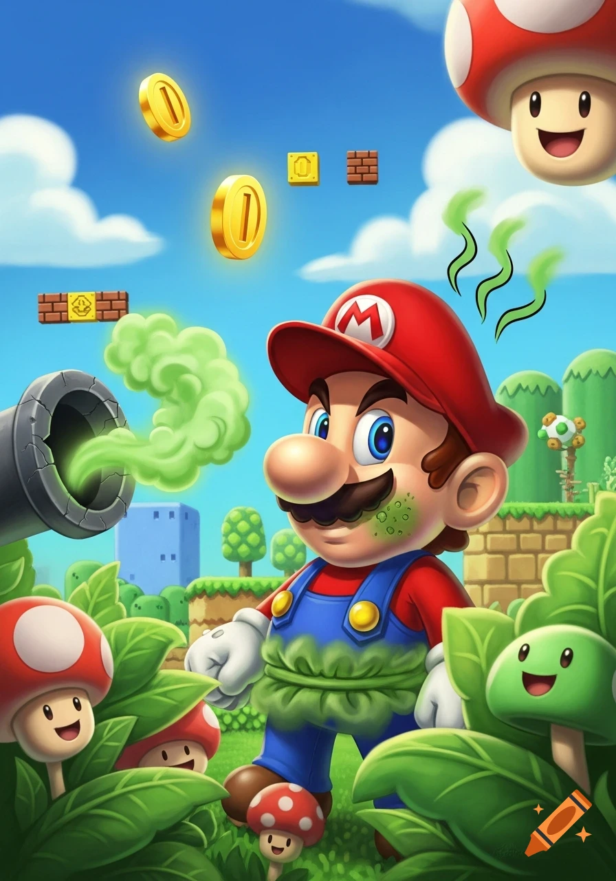 Stinky Mario in a vibrant cartoon landscape with green fumes, coins, blocks, pipes, and smiling mushrooms.