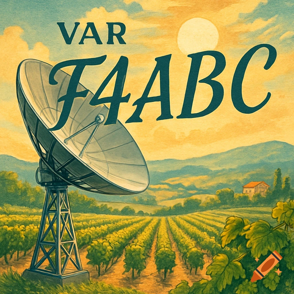 An illustrated vintage-style QSL card featuring a satellite dish in a vineyard with mountains, a house, and a sun in the background. Text reads "VAR F4ABC".
