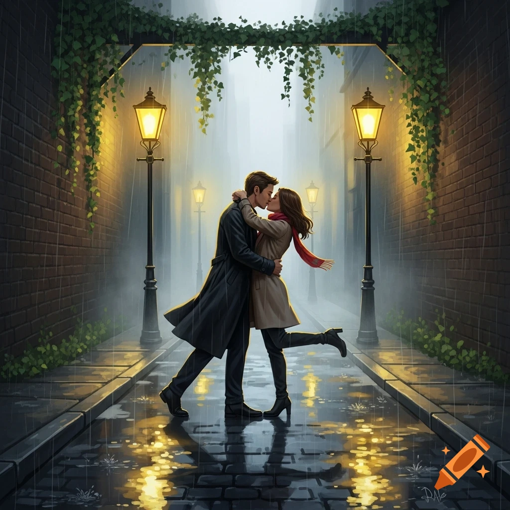 A couple embraces and kisses in a rain-soaked brick alley illuminated by glowing streetlights and ivy.