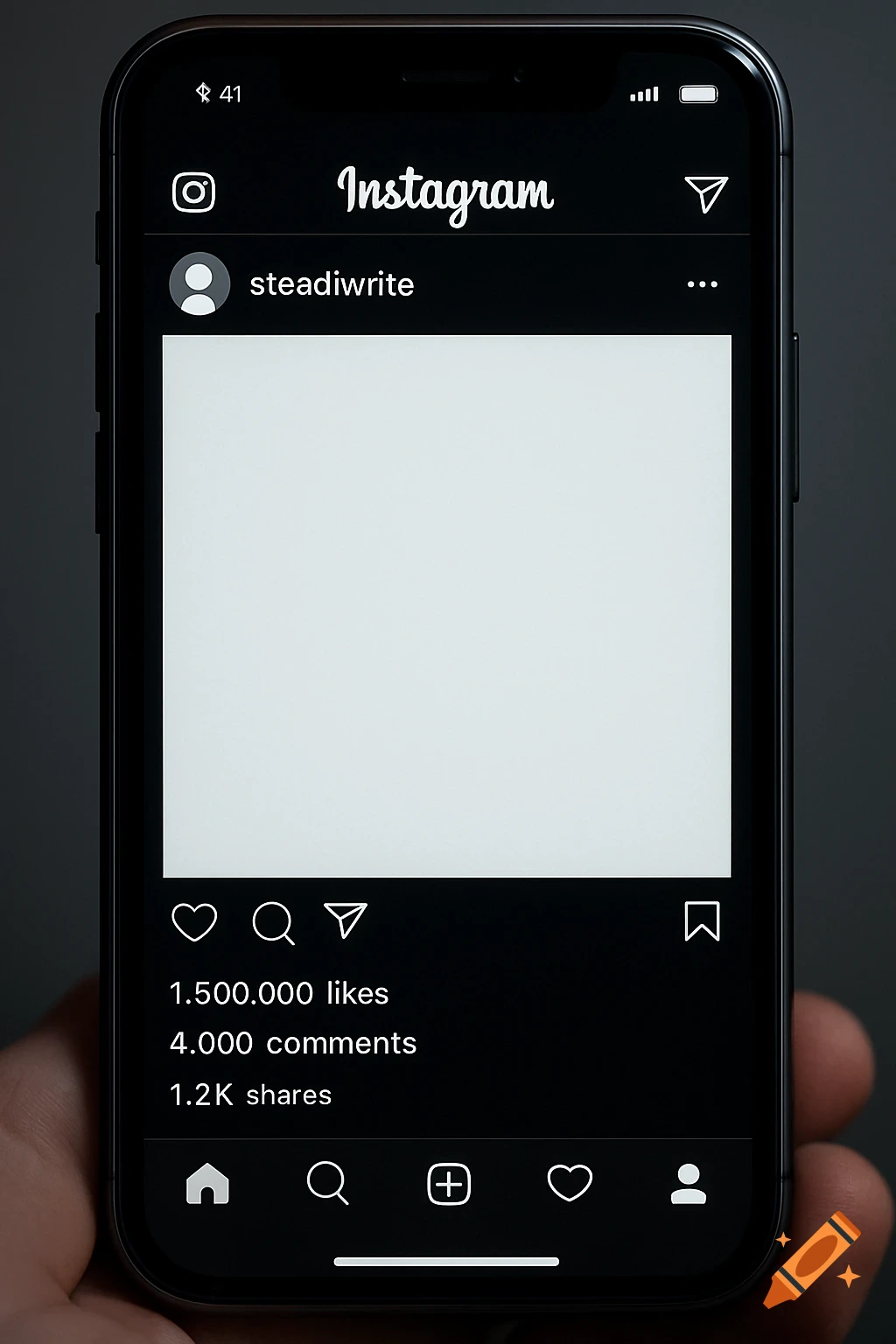 A hand holds a smartphone displaying a fake Instagram post with a blank white image, by 'steadiwrite', showing 1.5M likes, 4K comments, 1.2K shares.