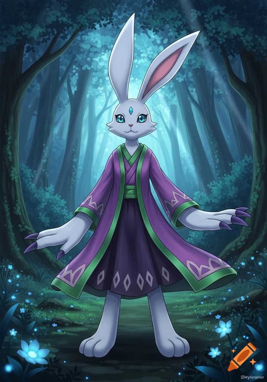 A white anthropomorphic rabbit in a purple kimono stands in a mystical blue forest with glowing flowers, in an anime style.