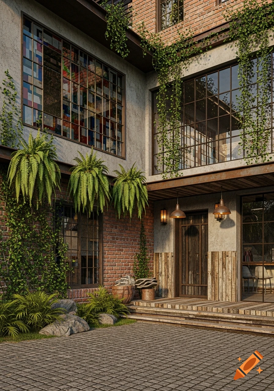 A photorealistic urban retro house with brick and concrete, large windows, green vines, ferns, a wooden entrance, and a paved courtyard.