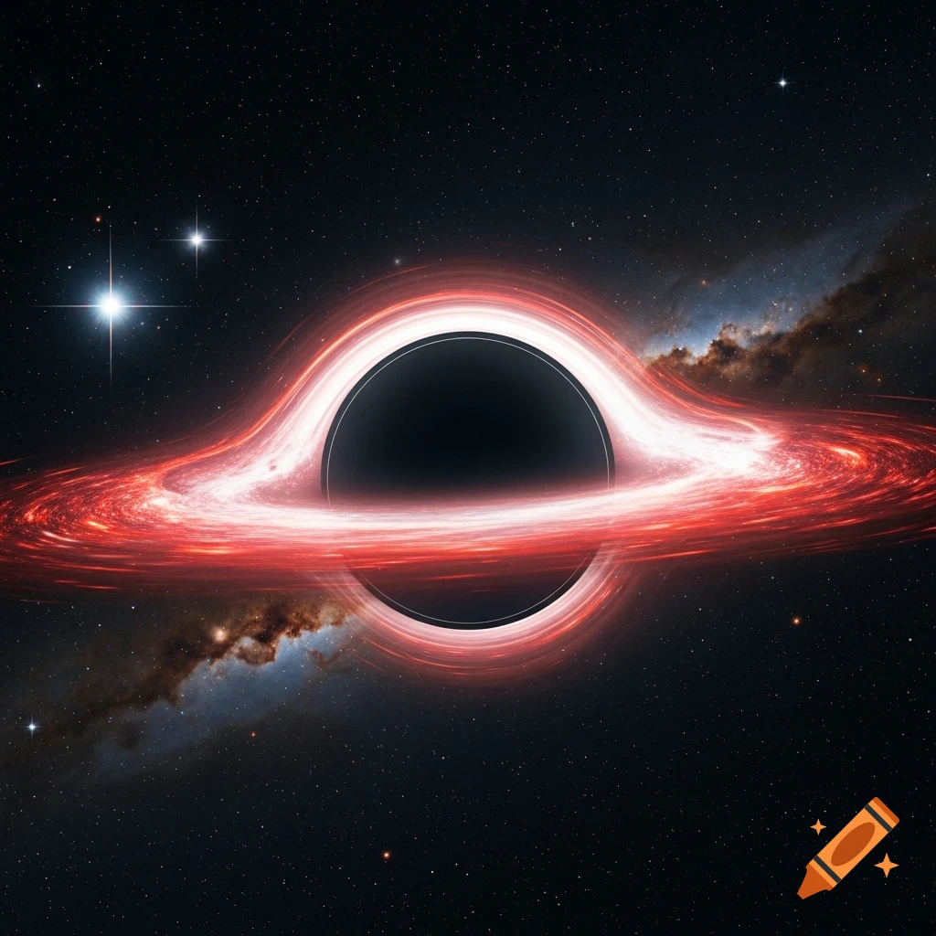A black hole with a glowing red accretion disk against a starry cosmic background.