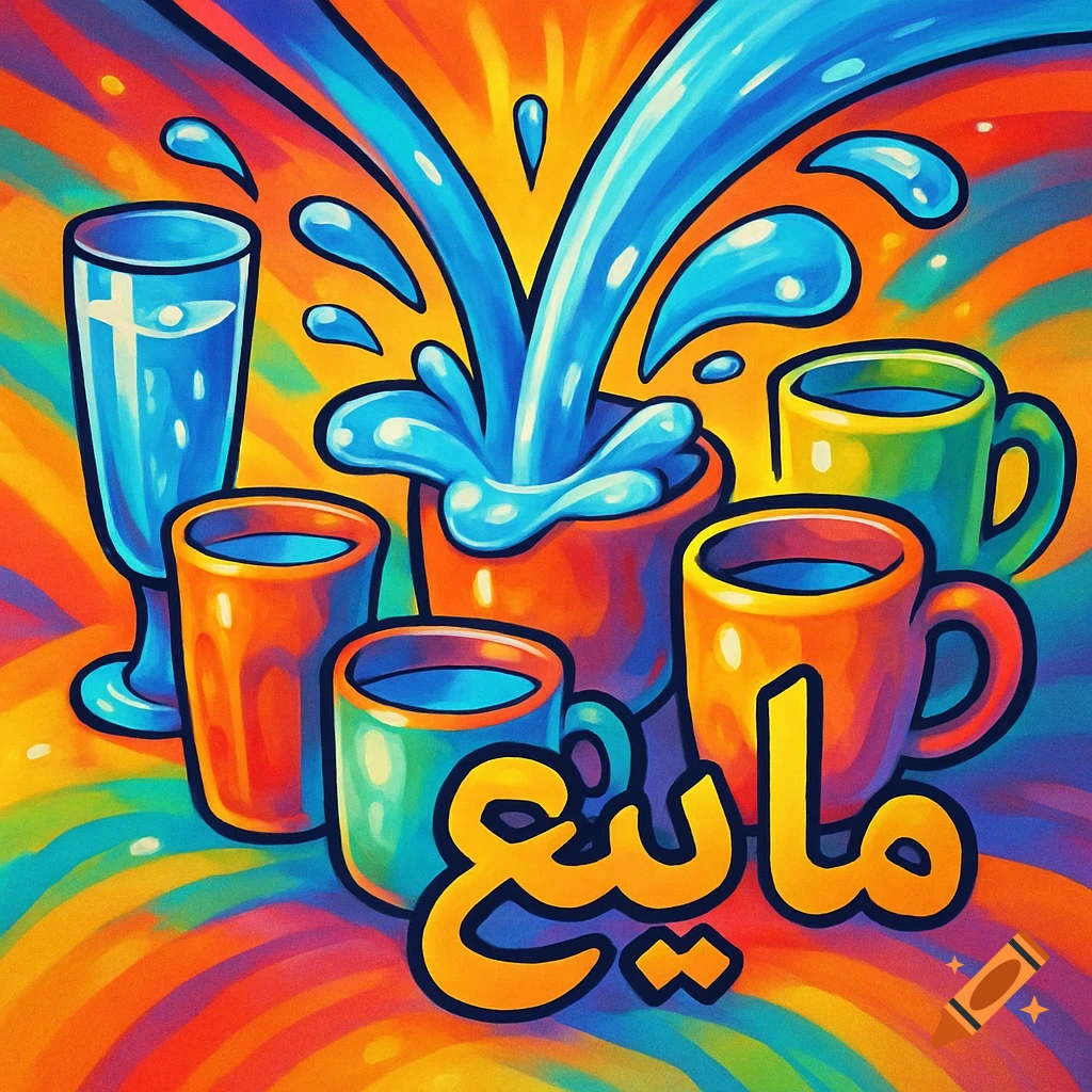Cartoon style image of bright blue water splashing into colorful cups and a glass, with a swirling rainbow background and the Persian word ' مایع'.