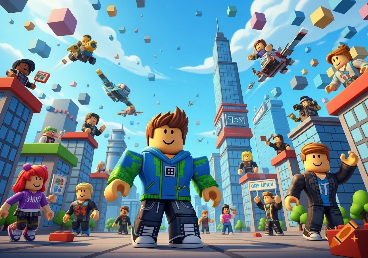Animated scene with Roblox characters flying in vehicles and standing on buildings in a blocky city environment with floating cubes.