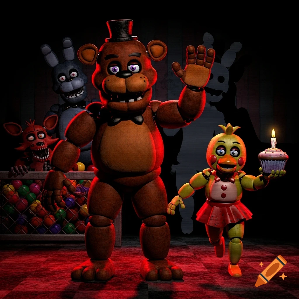 Freddy Fazbear waves while Chica holds a cupcake in a dark room with Bonnie and Foxy visible in the background.