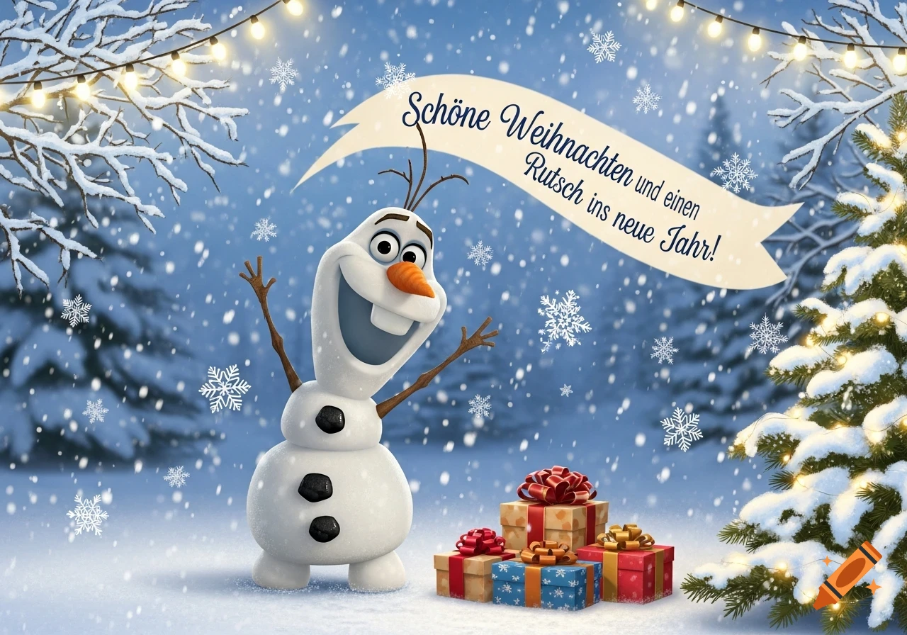 Olaf the snowman smiling in a snowy winter forest with presents and Christmas lights, holding a banner with a German holiday greeting.