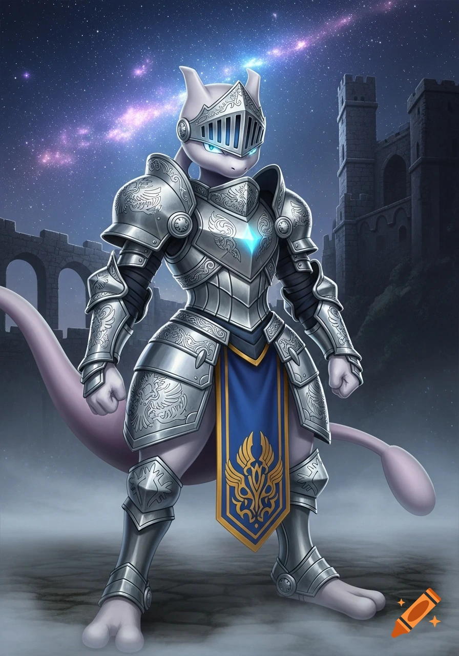 Mewtwo in ornate silver knight's armor stands before a dark castle under a vibrant starry night sky.