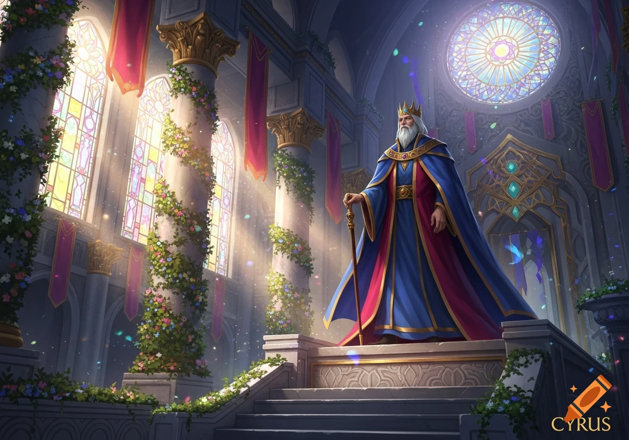 An old king in a blue and red robe and crown stands with a staff on steps in a grand hall with stained glass windows.