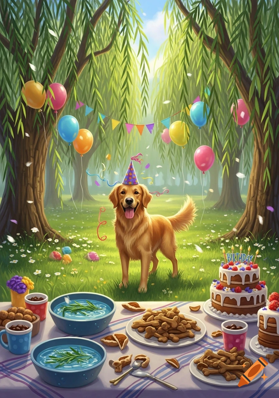 A happy golden retriever wearing a party hat stands in a lush park with a birthday cake, balloons, and treats on a table.